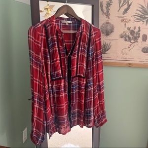 Seven7 Plaid Flannel Peasant Blouse with Tassels